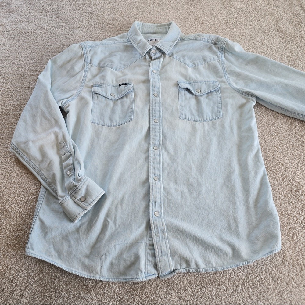 Poncho Western Yoke Denim Long Sleeve Pearl Snap Slim Fit Shirt Light Blue Sz L